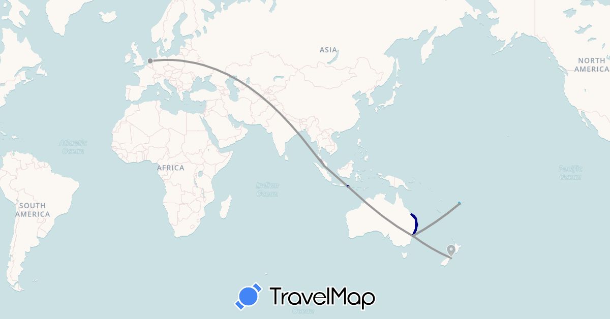 TravelMap itinerary: driving, plane, boat in Australia, Fiji, Indonesia, Malaysia, Netherlands, New Zealand (Asia, Europe, Oceania)
